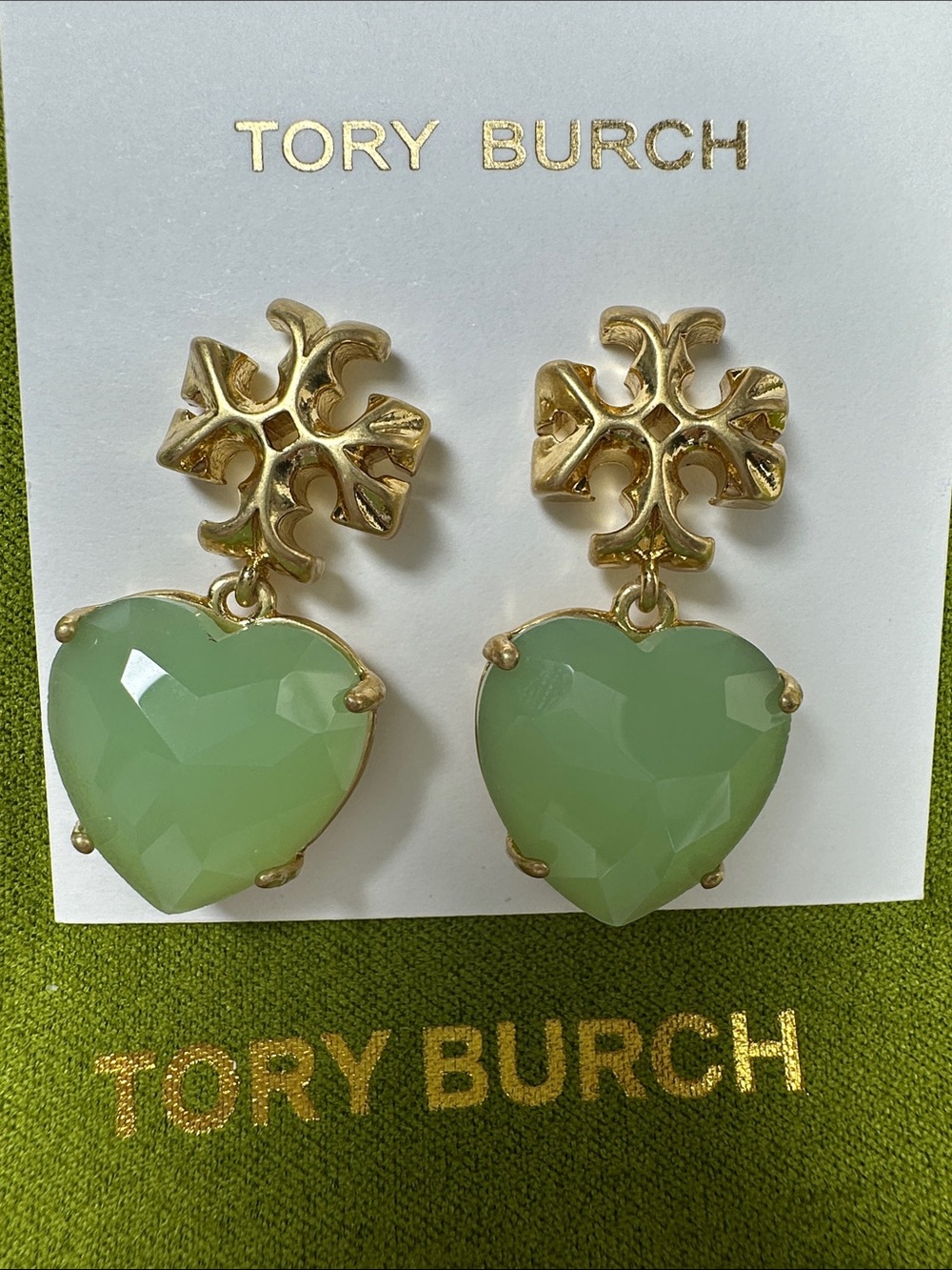 Tory Burch Gold-Tone Earrings with Mint Green Heart Drops